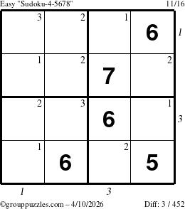 The grouppuzzles.com Easy Sudoku-4-5678 puzzle for Friday April 10, 2026, suitable for printing, with all 3 steps marked