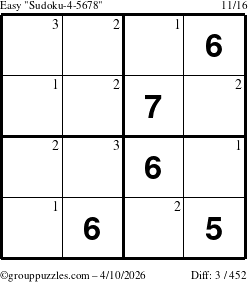 The grouppuzzles.com Easy Sudoku-4-5678 puzzle for Friday April 10, 2026 with the first 3 steps marked
