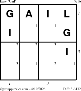 The grouppuzzles.com Easy Gail puzzle for Friday April 10, 2026 with all 3 steps marked