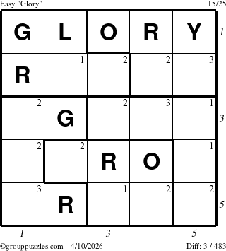The grouppuzzles.com Easy Glory puzzle for Friday April 10, 2026 with all 3 steps marked