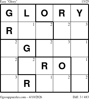 The grouppuzzles.com Easy Glory puzzle for Friday April 10, 2026 with the first 3 steps marked