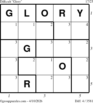 The grouppuzzles.com Difficult Glory puzzle for Friday April 10, 2026, suitable for printing, with all 4 steps marked