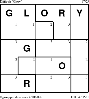 The grouppuzzles.com Difficult Glory puzzle for Friday April 10, 2026 with the first 3 steps marked