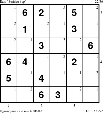 The grouppuzzles.com Easy Sudoku-6up puzzle for Friday April 10, 2026, suitable for printing, with all 3 steps marked