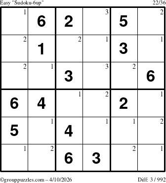 The grouppuzzles.com Easy Sudoku-6up puzzle for Friday April 10, 2026 with the first 3 steps marked