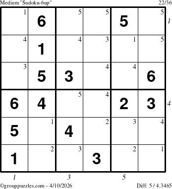 The grouppuzzles.com Medium Sudoku-6up puzzle for Friday April 10, 2026, suitable for printing, with all 5 steps marked