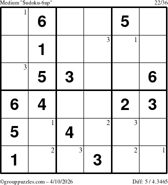 The grouppuzzles.com Medium Sudoku-6up puzzle for Friday April 10, 2026 with the first 3 steps marked