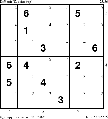 The grouppuzzles.com Difficult Sudoku-6up puzzle for Friday April 10, 2026 with all 5 steps marked