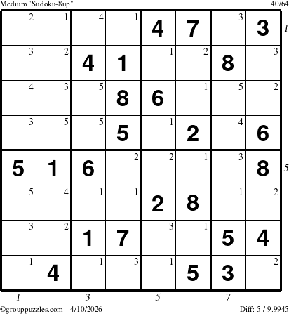The grouppuzzles.com Medium Sudoku-8up puzzle for Friday April 10, 2026 with all 5 steps marked