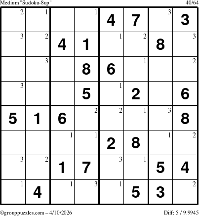The grouppuzzles.com Medium Sudoku-8up puzzle for Friday April 10, 2026 with the first 3 steps marked
