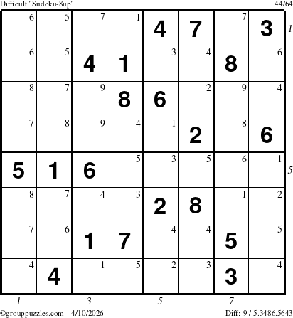 The grouppuzzles.com Difficult Sudoku-8up puzzle for Friday April 10, 2026 with all 9 steps marked