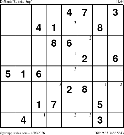 The grouppuzzles.com Difficult Sudoku-8up puzzle for Friday April 10, 2026 with the first 3 steps marked