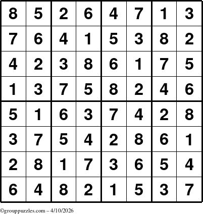 The grouppuzzles.com Answer grid for the Sudoku-8up puzzle for Friday April 10, 2026