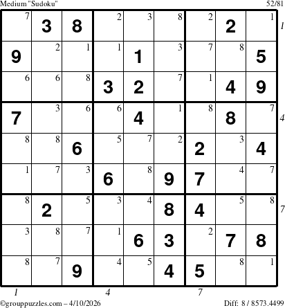 The grouppuzzles.com Medium Sudoku puzzle for Friday April 10, 2026, suitable for printing, with all 8 steps marked