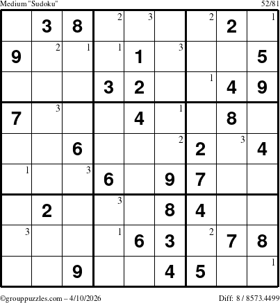 The grouppuzzles.com Medium Sudoku puzzle for Friday April 10, 2026 with the first 3 steps marked