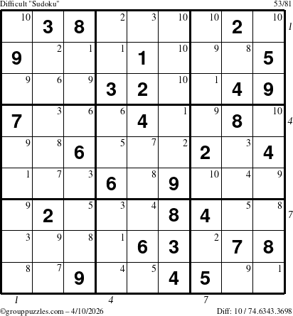 The grouppuzzles.com Difficult Sudoku puzzle for Friday April 10, 2026, suitable for printing, with all 10 steps marked