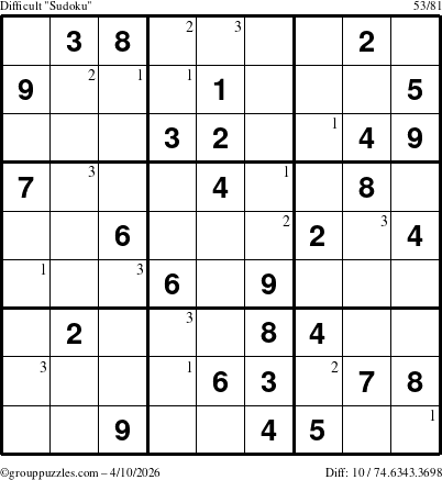 The grouppuzzles.com Difficult Sudoku puzzle for Friday April 10, 2026 with the first 3 steps marked
