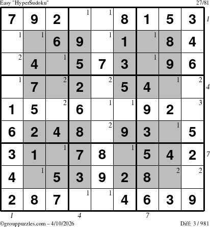 The grouppuzzles.com Easy HyperSudoku puzzle for Friday April 10, 2026 with all 3 steps marked