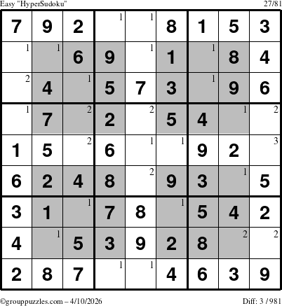 The grouppuzzles.com Easy HyperSudoku puzzle for Friday April 10, 2026 with the first 3 steps marked