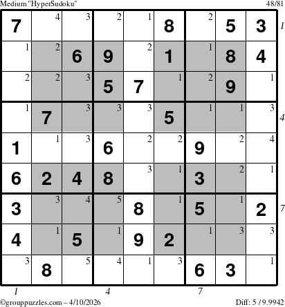 The grouppuzzles.com Medium HyperSudoku puzzle for Friday April 10, 2026 with all 5 steps marked
