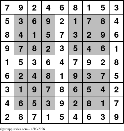 The grouppuzzles.com Answer grid for the HyperSudoku puzzle for Friday April 10, 2026