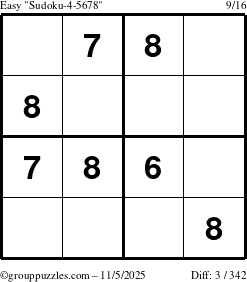 The grouppuzzles.com Easy Sudoku-4-5678 puzzle for Wednesday November 5, 2025