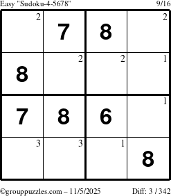 The grouppuzzles.com Easy Sudoku-4-5678 puzzle for Wednesday November 5, 2025 with the first 3 steps marked