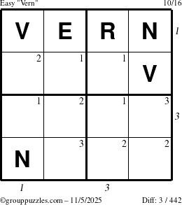 The grouppuzzles.com Easy Vern puzzle for Wednesday November 5, 2025, suitable for printing, with all 3 steps marked