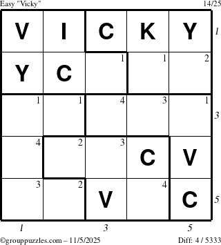 The grouppuzzles.com Easy Vicky puzzle for Wednesday November 5, 2025, suitable for printing, with all 4 steps marked