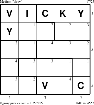 The grouppuzzles.com Medium Vicky puzzle for Wednesday November 5, 2025 with all 4 steps marked