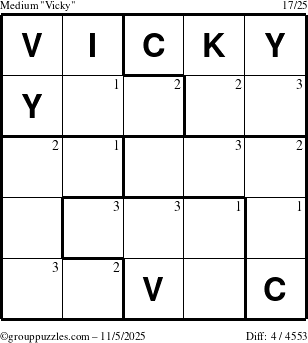 The grouppuzzles.com Medium Vicky puzzle for Wednesday November 5, 2025 with the first 3 steps marked