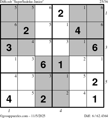 The grouppuzzles.com Difficult SuperSudoku-Junior puzzle for Wednesday November 5, 2025, suitable for printing, with all 6 steps marked