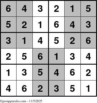 The grouppuzzles.com Answer grid for the SuperSudoku-Junior puzzle for Wednesday November 5, 2025