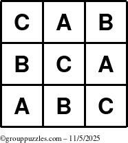 The grouppuzzles.com Answer grid for the TicTac-ABC puzzle for Wednesday November 5, 2025