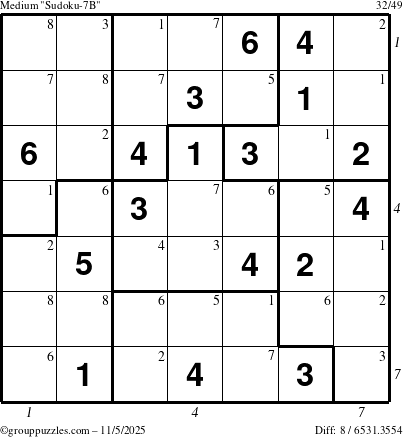 The grouppuzzles.com Medium Sudoku-7B puzzle for Wednesday November 5, 2025, suitable for printing, with all 8 steps marked
