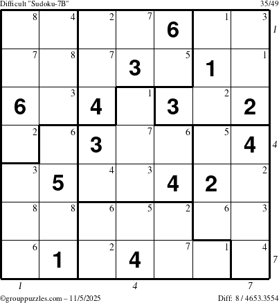 The grouppuzzles.com Difficult Sudoku-7B puzzle for Wednesday November 5, 2025 with all 8 steps marked
