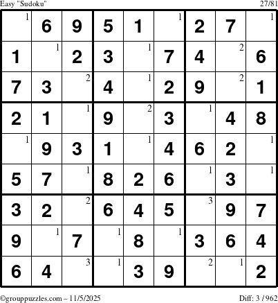 The grouppuzzles.com Easy Sudoku puzzle for Wednesday November 5, 2025 with the first 3 steps marked