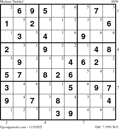 The grouppuzzles.com Medium Sudoku puzzle for Wednesday November 5, 2025 with all 7 steps marked