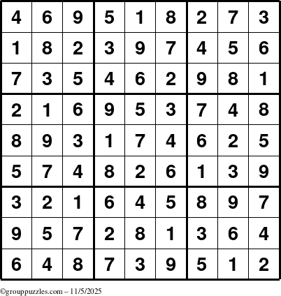The grouppuzzles.com Answer grid for the Sudoku puzzle for Wednesday November 5, 2025