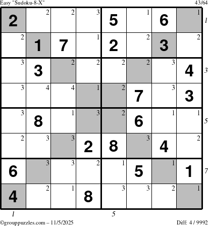 The grouppuzzles.com Easy Sudoku-8-X puzzle for Wednesday November 5, 2025 with all 4 steps marked