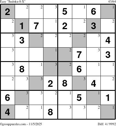 The grouppuzzles.com Easy Sudoku-8-X puzzle for Wednesday November 5, 2025 with the first 3 steps marked
