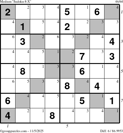 The grouppuzzles.com Medium Sudoku-8-X puzzle for Wednesday November 5, 2025 with all 6 steps marked