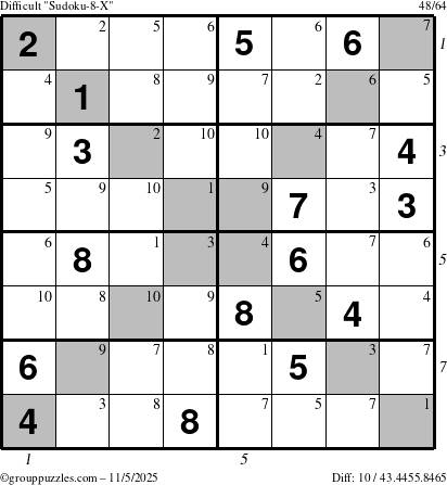 The grouppuzzles.com Difficult Sudoku-8-X puzzle for Wednesday November 5, 2025 with all 10 steps marked