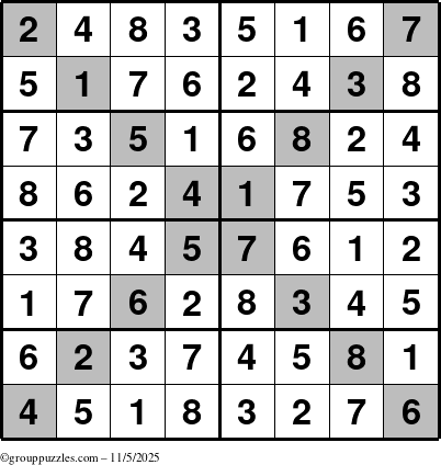 The grouppuzzles.com Answer grid for the Sudoku-8-X puzzle for Wednesday November 5, 2025