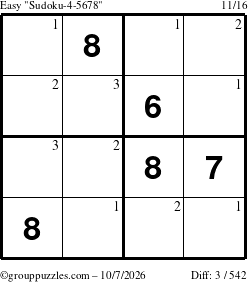 The grouppuzzles.com Easy Sudoku-4-5678 puzzle for Wednesday October 7, 2026 with the first 3 steps marked