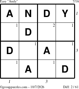 The grouppuzzles.com Easy Andy puzzle for Wednesday October 7, 2026 with all 2 steps marked