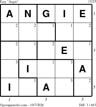 The grouppuzzles.com Easy Angie puzzle for Wednesday October 7, 2026, suitable for printing, with all 3 steps marked