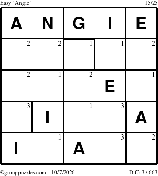 The grouppuzzles.com Easy Angie puzzle for Wednesday October 7, 2026 with the first 3 steps marked
