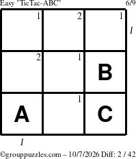 The grouppuzzles.com Easy TicTac-ABC puzzle for Wednesday October 7, 2026, suitable for printing, with all 2 steps marked