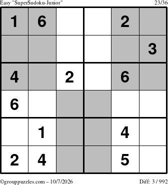 The grouppuzzles.com Easy SuperSudoku-Junior puzzle for Wednesday October 7, 2026